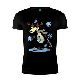 Мужская футболка премиум с принтом Олень на лыжах. в Петрозаводске, 92% хлопок, 8% лайкра | приталенный силуэт, круглый вырез ворота, длина до линии бедра, короткий рукав | лыжи | новогодние подарки | новый год | олененок | олень | подарок на новый год