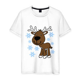 Мужская футболка хлопок с принтом Олень в снегу. в Петрозаводске, 100% хлопок | прямой крой, круглый вырез горловины, длина до линии бедер, слегка спущенное плечо. | новогодний подарок | новый год | олень | с новым годом | снег | снежинки