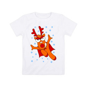 Детская футболка хлопок с принтом Новогодний олень в Петрозаводске, 100% хлопок | круглый вырез горловины, полуприлегающий силуэт, длина до линии бедер | новогодний подарок | новый год | олень | с новым годом | снег | снежинки