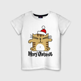 Детская футболка хлопок с принтом Квадратный кот в Петрозаводске, 100% хлопок | круглый вырез горловины, полуприлегающий силуэт, длина до линии бедер | merry christmas | кот | новогодний колпак | новогодний подарок | новый год | с новым годом