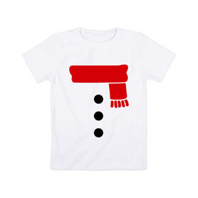 Детская футболка хлопок с принтом Снеговик, пуговицы и шарф в Петрозаводске, 100% хлопок | круглый вырез горловины, полуприлегающий силуэт, длина до линии бедер | новогодние подарки | новогодний подарок | новый год | снег | снеговик | шарф