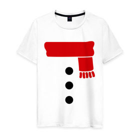 Мужская футболка хлопок с принтом Снеговик, пуговицы и шарф в Петрозаводске, 100% хлопок | прямой крой, круглый вырез горловины, длина до линии бедер, слегка спущенное плечо. | новогодние подарки | новогодний подарок | новый год | снег | снеговик | шарф