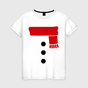 Женская футболка хлопок с принтом Снеговик, пуговицы и шарф в Петрозаводске, 100% хлопок | прямой крой, круглый вырез горловины, длина до линии бедер, слегка спущенное плечо | новогодние подарки | новогодний подарок | новый год | снег | снеговик | шарф
