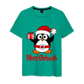 Мужская футболка хлопок с принтом Пингвин с подарком в Петрозаводске, 100% хлопок | прямой крой, круглый вырез горловины, длина до линии бедер, слегка спущенное плечо. | пингвин