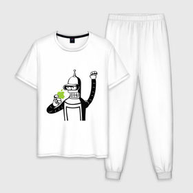 Мужская пижама хлопок с принтом Бендер и яблоко в Петрозаводске, 100% хлопок | брюки и футболка прямого кроя, без карманов, на брюках мягкая резинка на поясе и по низу штанин
 | Тематика изображения на принте: bender | futurama fans | futurama t shirt | newtop | robot | toplanding | uturama | бендер | бендер и яблоко | выше нос | мультики | мультфильмы | робот | фрукт | футурама
