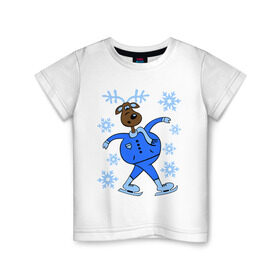 Детская футболка хлопок с принтом Олень на коньках в Петрозаводске, 100% хлопок | круглый вырез горловины, полуприлегающий силуэт, длина до линии бедер | Тематика изображения на принте: коньки | новогодний подарок | олень | олень и снег | олень на коньках | с новым годом | снежинки