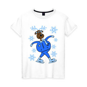 Женская футболка хлопок с принтом Олень на коньках в Петрозаводске, 100% хлопок | прямой крой, круглый вырез горловины, длина до линии бедер, слегка спущенное плечо | коньки | новогодний подарок | олень | олень и снег | олень на коньках | с новым годом | снежинки