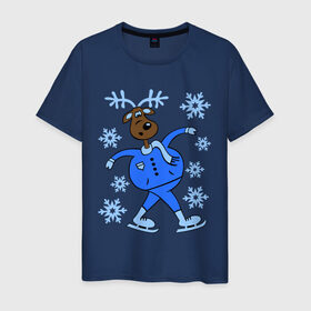 Мужская футболка хлопок с принтом Олень на коньках в Петрозаводске, 100% хлопок | прямой крой, круглый вырез горловины, длина до линии бедер, слегка спущенное плечо. | коньки | новогодний подарок | олень | олень и снег | олень на коньках | с новым годом | снежинки