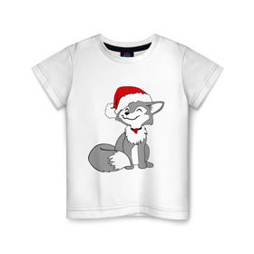 Детская футболка хлопок с принтом Новогодний Лисёнок в Петрозаводске, 100% хлопок | круглый вырез горловины, полуприлегающий силуэт, длина до линии бедер | happy | new year | в шапке | лис | рождество