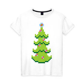 Женская футболка хлопок с принтом Пиксельная елка в Петрозаводске, 100% хлопок | прямой крой, круглый вырез горловины, длина до линии бедер, слегка спущенное плечо | 8 bit | елочка | ель | новогодняя елка | пиксели | пиксельный | с новым годом | с рождеством