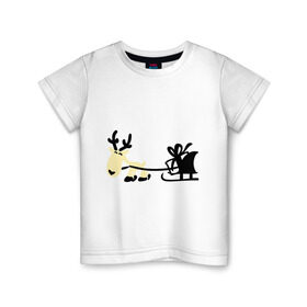 Детская футболка хлопок с принтом Новогодний олень в Петрозаводске, 100% хлопок | круглый вырез горловины, полуприлегающий силуэт, длина до линии бедер | новогодний | олень | рождество | сани