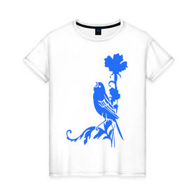 Женская футболка хлопок с принтом Птичка на цветочке в Петрозаводске, 100% хлопок | прямой крой, круглый вырез горловины, длина до линии бедер, слегка спущенное плечо | птичка | птичка на цветочке | птичка поет | сад | соловей