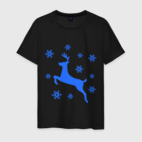 Мужская футболка хлопок с принтом Олень и снежинки в Петрозаводске, 100% хлопок | прямой крой, круглый вырез горловины, длина до линии бедер, слегка спущенное плечо. | олень и снежинки | праздник | снежинки