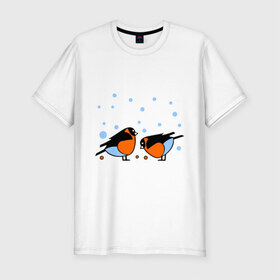 Мужская футболка премиум с принтом Снегири в Петрозаводске, 92% хлопок, 8% лайкра | приталенный силуэт, круглый вырез ворота, длина до линии бедра, короткий рукав | Тематика изображения на принте: животные | птички | снегири | снегири в снегу