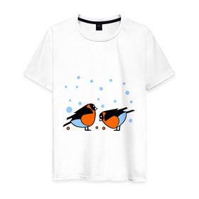 Мужская футболка хлопок с принтом Снегири в Петрозаводске, 100% хлопок | прямой крой, круглый вырез горловины, длина до линии бедер, слегка спущенное плечо. | Тематика изображения на принте: животные | птички | снегири | снегири в снегу