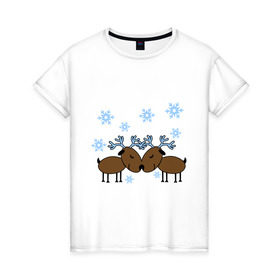 Женская футболка хлопок с принтом Влюбленные олени в Петрозаводске, 100% хлопок | прямой крой, круглый вырез горловины, длина до линии бедер, слегка спущенное плечо | влюбленные олени | новый год | олени | снежинки