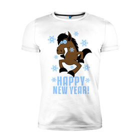 Мужская футболка премиум с принтом Новогодняя Лошадка в Петрозаводске, 92% хлопок, 8% лайкра | приталенный силуэт, круглый вырез ворота, длина до линии бедра, короткий рукав | happy new year | идеи подарков | конь | лошадка | новогодняя лошадка | новый год | новый год 2014