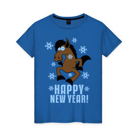 Женская футболка хлопок с принтом Новогодняя Лошадка в Петрозаводске, 100% хлопок | прямой крой, круглый вырез горловины, длина до линии бедер, слегка спущенное плечо | happy new year | идеи подарков | конь | лошадка | новогодняя лошадка | новый год | новый год 2014