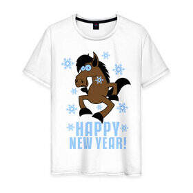 Мужская футболка хлопок с принтом Новогодняя Лошадка в Петрозаводске, 100% хлопок | прямой крой, круглый вырез горловины, длина до линии бедер, слегка спущенное плечо. | Тематика изображения на принте: happy new year | идеи подарков | конь | лошадка | новогодняя лошадка | новый год | новый год 2014