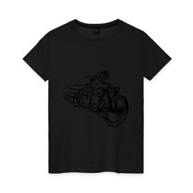 Женская футболка хлопок с принтом Скелет на мотоцикле в Петрозаводске, 100% хлопок | прямой крой, круглый вырез горловины, длина до линии бедер, слегка спущенное плечо | скелет