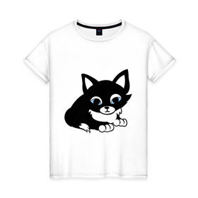Женская футболка хлопок с принтом Кошечка в Петрозаводске, 100% хлопок | прямой крой, круглый вырез горловины, длина до линии бедер, слегка спущенное плечо | киска | кошечка | кошка с белым хвостиком | мяу | черная кошка