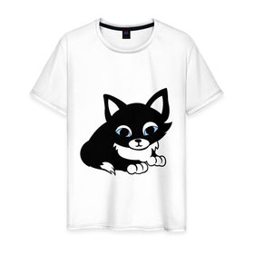 Мужская футболка хлопок с принтом Кошечка в Петрозаводске, 100% хлопок | прямой крой, круглый вырез горловины, длина до линии бедер, слегка спущенное плечо. | киска | кошечка | кошка с белым хвостиком | мяу | черная кошка