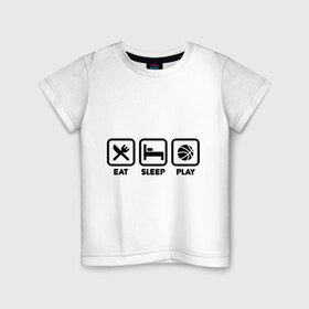 Детская футболка хлопок с принтом Eat Sleep Play (Еда, сон, баскетбол) в Петрозаводске, 100% хлопок | круглый вырез горловины, полуприлегающий силуэт, длина до линии бедер | вилка | еда | кровать | мяч | нож | сон