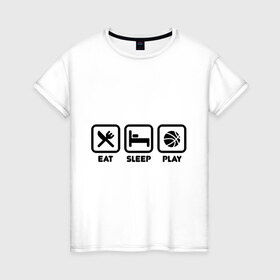 Женская футболка хлопок с принтом Eat Sleep Play (Еда, сон, баскетбол) в Петрозаводске, 100% хлопок | прямой крой, круглый вырез горловины, длина до линии бедер, слегка спущенное плечо | вилка | еда | кровать | мяч | нож | сон