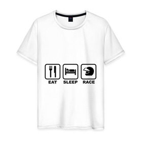 Мужская футболка хлопок с принтом Eat Sleep Race (Ешь, Спи, Гоняй) в Петрозаводске, 100% хлопок | прямой крой, круглый вырез горловины, длина до линии бедер, слегка спущенное плечо. | Тематика изображения на принте: eat sleep race | автомобильные | вилка | гоняй | ешь | кровать | сон | спи | шлем