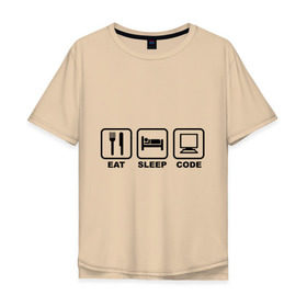 Мужская футболка хлопок Oversize с принтом Eat sleep code (Ешь, Спи, Программируй) в Петрозаводске, 100% хлопок | свободный крой, круглый ворот, “спинка” длиннее передней части | eat sleep code | вилка | есть | ешь | компьютер | кровать | программируй | сон | спи