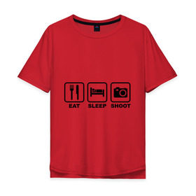 Мужская футболка хлопок Oversize с принтом Eat Sleep Shoot (Ешь, Спи, Фотографируй) в Петрозаводске, 100% хлопок | свободный крой, круглый ворот, “спинка” длиннее передней части | eat sleep shoot | вилка | ешь | кровать | снимок | сон | спи | фотоаппарат | фотографируй