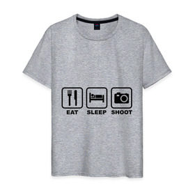Мужская футболка хлопок с принтом Eat Sleep Shoot (Ешь, Спи, Фотографируй) в Петрозаводске, 100% хлопок | прямой крой, круглый вырез горловины, длина до линии бедер, слегка спущенное плечо. | eat sleep shoot | вилка | ешь | кровать | снимок | сон | спи | фотоаппарат | фотографируй