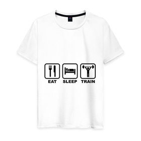 Мужская футболка хлопок с принтом Eat Sleep Train (Ешь, Спи, Тренируйся) в Петрозаводске, 100% хлопок | прямой крой, круглый вырез горловины, длина до линии бедер, слегка спущенное плечо. | Тематика изображения на принте: eat sleep train | ешь | силовой спорт | спи | спорт | тренируйся