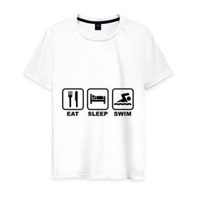 Мужская футболка хлопок с принтом Eat Sleep Swim (Еда, Сон, Плавание) в Петрозаводске, 100% хлопок | прямой крой, круглый вырез горловины, длина до линии бедер, слегка спущенное плечо. | Тематика изображения на принте: eat sleep swim | вилка | водный спорт | еда | кровать | плавание | сон | спорт