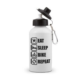 Бутылка спортивная с принтом Eat Sleep Bike Repeat в Петрозаводске, металл | емкость — 500 мл, в комплекте две пластиковые крышки и карабин для крепления | bike | eat | eat sleep bike repeat | repeat | sleep | велоспорт | кровать | спорт