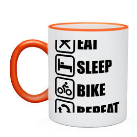 Кружка двухцветная с принтом Eat Sleep Bike Repeat в Петрозаводске, керамика | объем — 330 мл, диаметр — 80 мм. Цветная ручка и кайма сверху, в некоторых цветах — вся внутренняя часть | bike | eat | eat sleep bike repeat | repeat | sleep | велоспорт | кровать | спорт