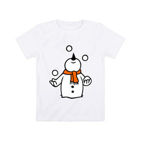 Детская футболка хлопок с принтом Снеговик играет в снежки. в Петрозаводске, 100% хлопок | круглый вырез горловины, полуприлегающий силуэт, длина до линии бедер | Тематика изображения на принте: новый год | новый год 2014 | подарки | снег | снеговик | снеговик играет в снежки | снежки
