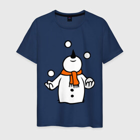Мужская футболка хлопок с принтом Снеговик играет в снежки. в Петрозаводске, 100% хлопок | прямой крой, круглый вырез горловины, длина до линии бедер, слегка спущенное плечо. | новый год | новый год 2014 | подарки | снег | снеговик | снеговик играет в снежки | снежки