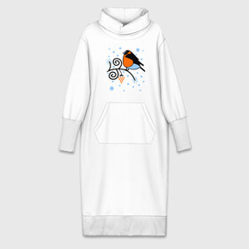 Платье удлиненное хлопок с принтом Снегирь на ветке рябины в Петрозаводске,  |  | ветка | зима | птица | рябина | снег | снегирь на ветке рябины