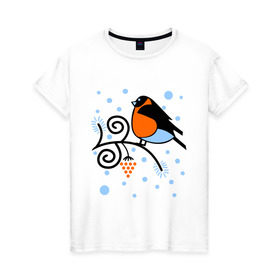 Женская футболка хлопок с принтом Снегирь на ветке рябины в Петрозаводске, 100% хлопок | прямой крой, круглый вырез горловины, длина до линии бедер, слегка спущенное плечо | ветка | зима | птица | рябина | снег | снегирь на ветке рябины