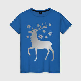 Женская футболка хлопок с принтом Олень в Петрозаводске, 100% хлопок | прямой крой, круглый вырез горловины, длина до линии бедер, слегка спущенное плечо | новогодний подарок | олень и  снежинки | с новым годом | северный олень | снег | снежинки