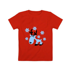 Детская футболка хлопок с принтом Няшный олень. в Петрозаводске, 100% хлопок | круглый вырез горловины, полуприлегающий силуэт, длина до линии бедер | новогодний подарок | няшный олень | олень | олень и снег | с новым годом | снег | снежинки
