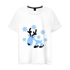 Мужская футболка хлопок с принтом Няшный олень. в Петрозаводске, 100% хлопок | прямой крой, круглый вырез горловины, длина до линии бедер, слегка спущенное плечо. | новогодний подарок | няшный олень | олень | олень и снег | с новым годом | снег | снежинки