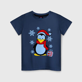 Детская футболка хлопок с принтом Пингвин в новогодней шапке в Петрозаводске, 100% хлопок | круглый вырез горловины, полуприлегающий силуэт, длина до линии бедер | пингвин