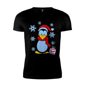 Мужская футболка премиум с принтом Пингвин в новогодней шапке в Петрозаводске, 92% хлопок, 8% лайкра | приталенный силуэт, круглый вырез ворота, длина до линии бедра, короткий рукав | пингвин