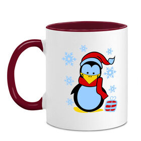 Кружка двухцветная с принтом Пингвин в новогодней шапке в Петрозаводске, керамика | объем — 330 мл, диаметр — 80 мм. Цветная ручка и кайма сверху, в некоторых цветах — вся внутренняя часть | пингвин