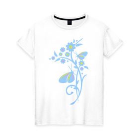 Женская футболка хлопок с принтом Бабочки на цветке в Петрозаводске, 100% хлопок | прямой крой, круглый вырез горловины, длина до линии бедер, слегка спущенное плечо | 