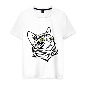 Мужская футболка хлопок с принтом Узор - кот в Петрозаводске, 100% хлопок | прямой крой, круглый вырез горловины, длина до линии бедер, слегка спущенное плечо. | глаза | киска | кот с зеленными глазами | кошки | силуэт  кота | узор   кот