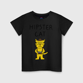 Детская футболка хлопок с принтом Кот хипстер в Петрозаводске, 100% хлопок | круглый вырез горловины, полуприлегающий силуэт, длина до линии бедер | кот | кот в шляпе | кот хипстер | котики | прикольные картинки