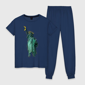 Женская пижама хлопок с принтом Статуя свободы в Петрозаводске, 100% хлопок | брюки и футболка прямого кроя, без карманов, на брюках мягкая резинка на поясе и по низу штанин | банан